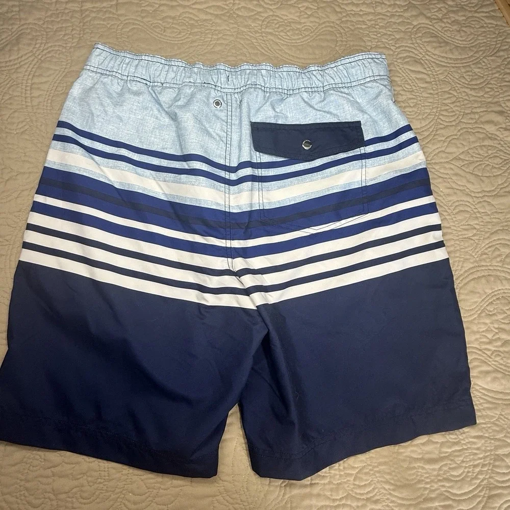 Lands'‎ End Men's Swim Trunks L (36-38) Navy Blue White Striped pockets Lined